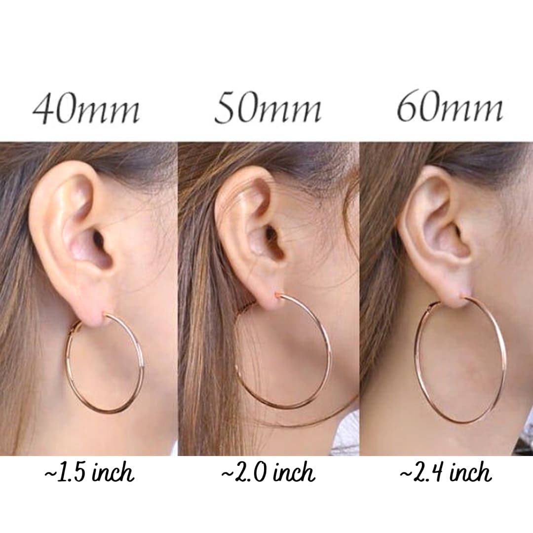 Comparison of hoop earring sizes: 40mm (1.5 inch), 50mm (2.0 inch), and 60mm (2.4 inch) shown on a model’s ear for size reference.