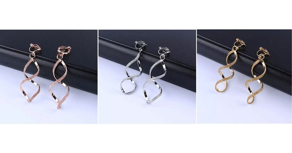 Shimmering spiral DNA clip-on earrings in rose gold, silver, and yellow gold, non-pierced design, showcasing versatile elegance.