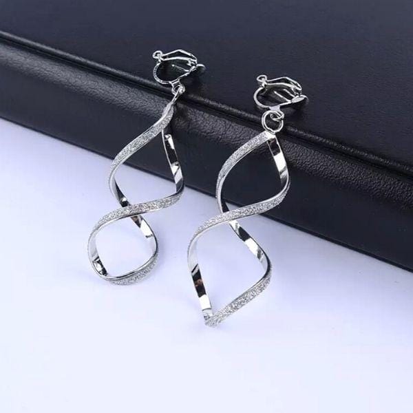 Silver shimmering spiral DNA clip-on earrings, non-pierced design, ideal for modern and versatile style.