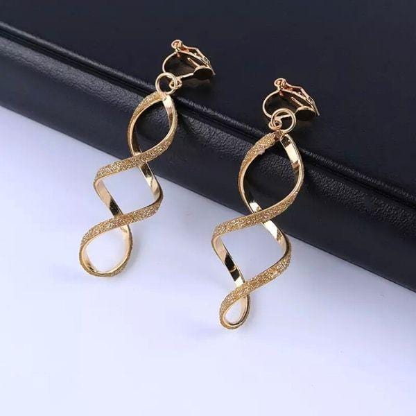 Yellow gold shimmering spiral DNA clip-on earrings, non-pierced design, perfect for timeless glamour and elegance.