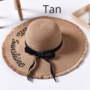 Women Wide Brim Embroidered “Hello Sunshine” Beach Floppy Summer Vacation Sun Hat - Tan