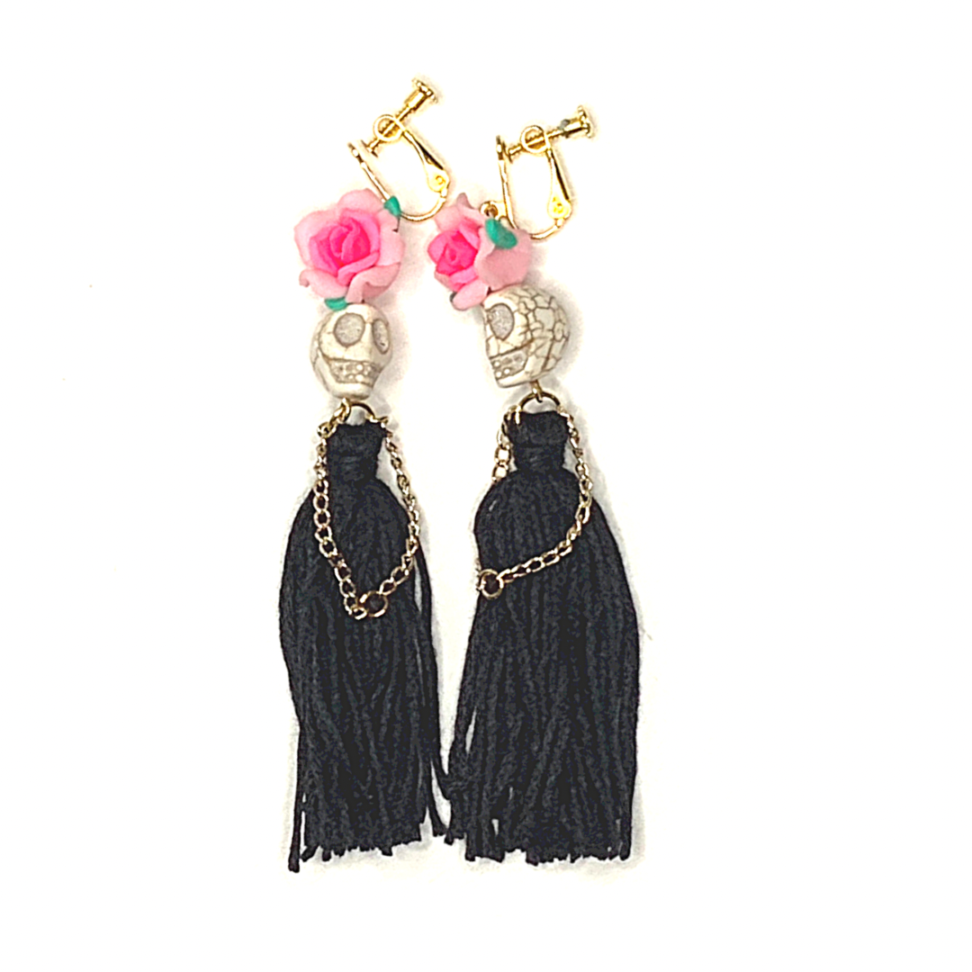 Black Flower Lady Handmade Tassel Skull Skeleton Clip On Earrings - Ella Moore