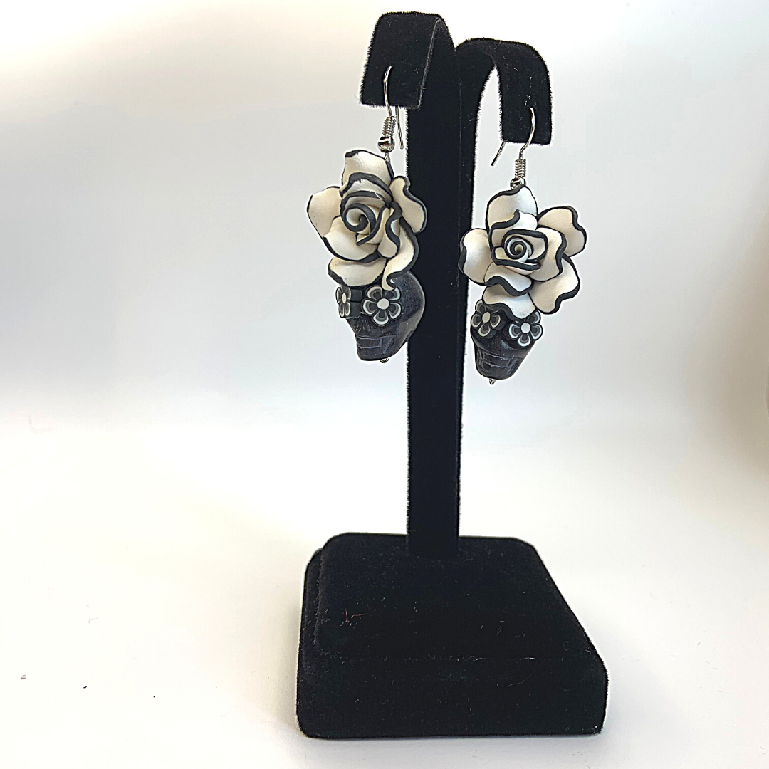 Black and White Handmade Flower Skull Earrings - Ella Moore