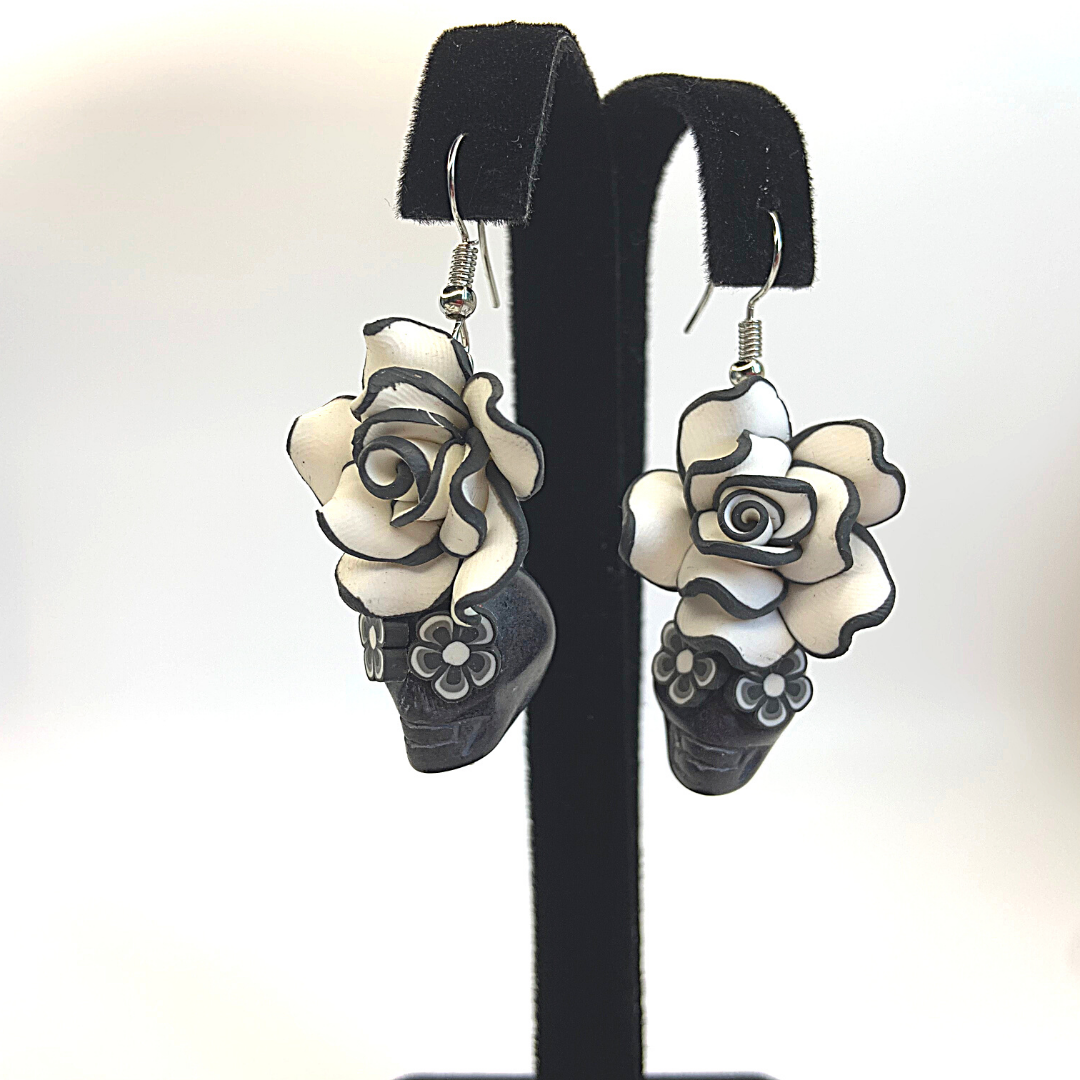 Black and White Handmade Flower Skull Earrings - Ella Moore