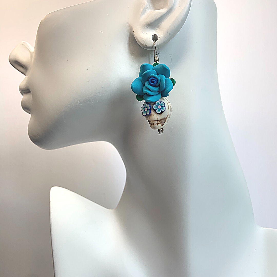 Blue Handmade Flower Skull Earrings - Ella Moore