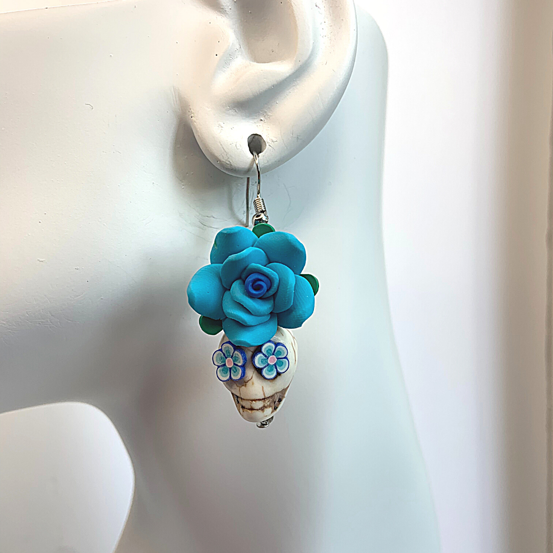 Blue Handmade Flower Skull Earrings - Ella Moore