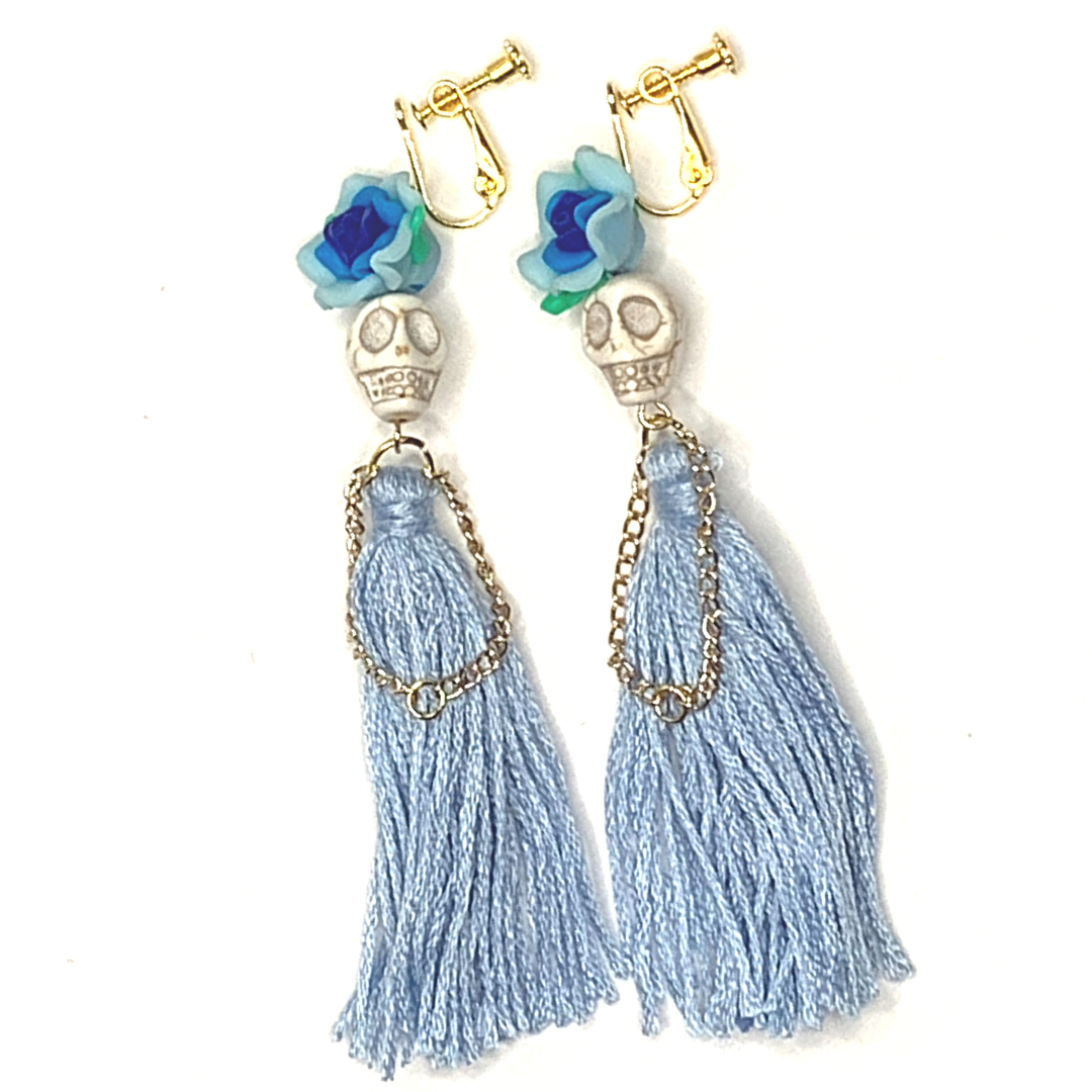 Blue Flower Lady Handmade Tassel Skull Skeleton Clip On Earrings - Ella Moore