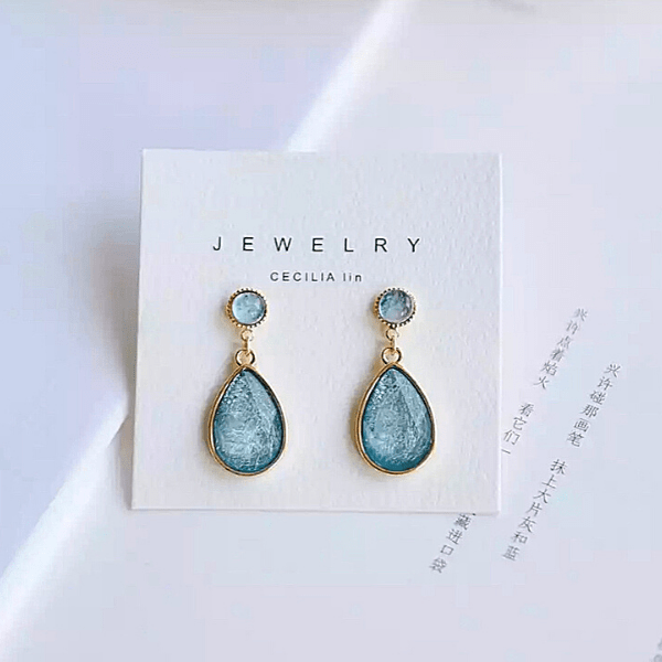 Crystal Blue Water Teardrop Gold Women Clip On Earrings - Ella Moore