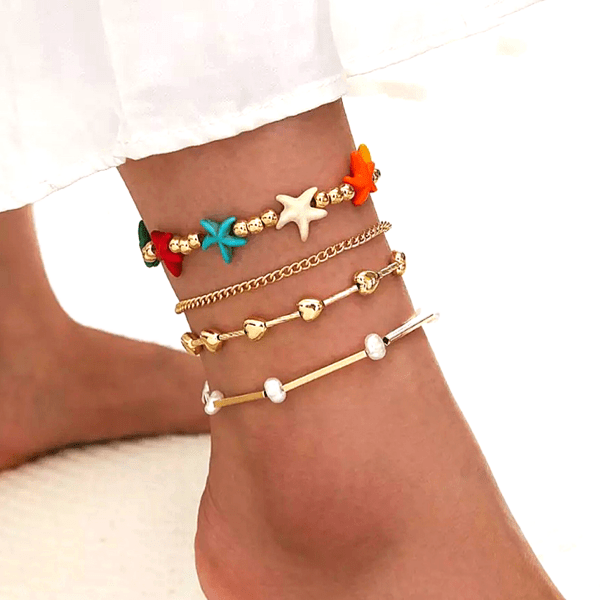 Boho style Starfish & Gold Chain 4 piece Ankle Bracelet for Women