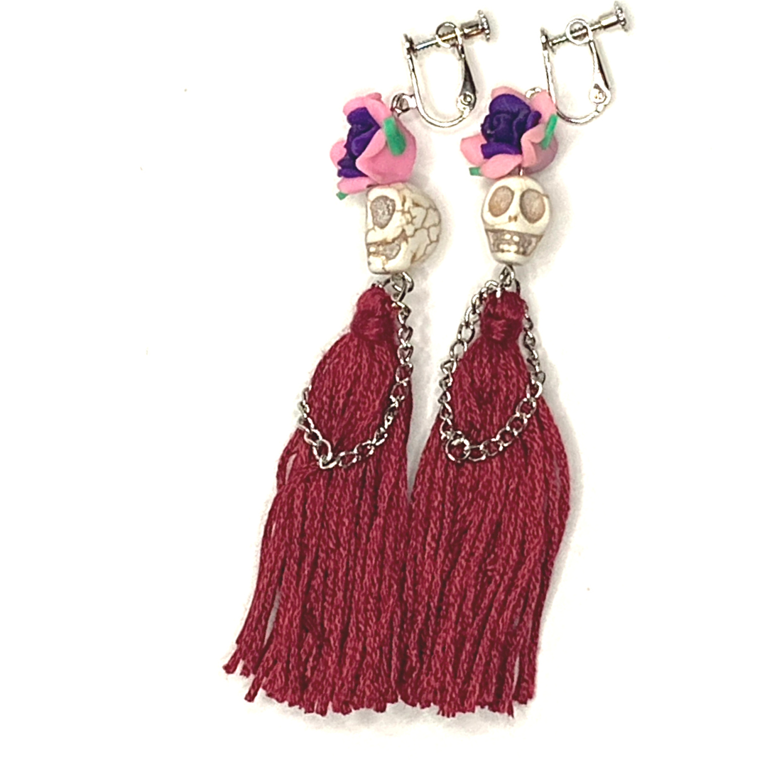 Dark Red Flower Lady Handmade Tassel Skull Skeleton Clip On Earrings - Ella Moore