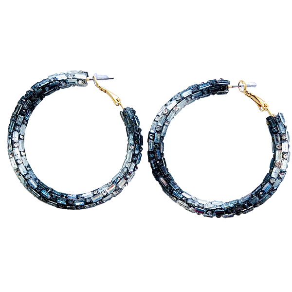 Gradient Gray Silver  Shimmering Mirror Rhinestone Hoop Earrings - Ella Moore