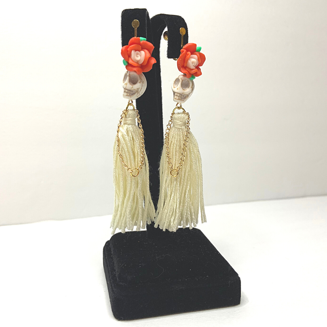 Ivory Flower Lady Handmade Tassel Skull Skeleton Clip On Earrings - Ella Moore