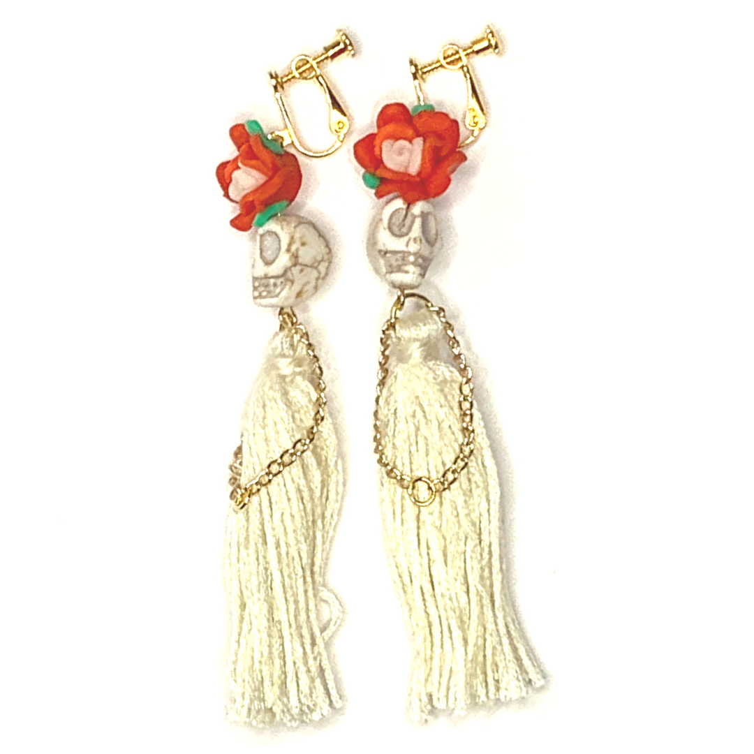 Ivory Flower Lady Handmade Tassel Skull Skeleton Clip On Earrings - Ella Moore