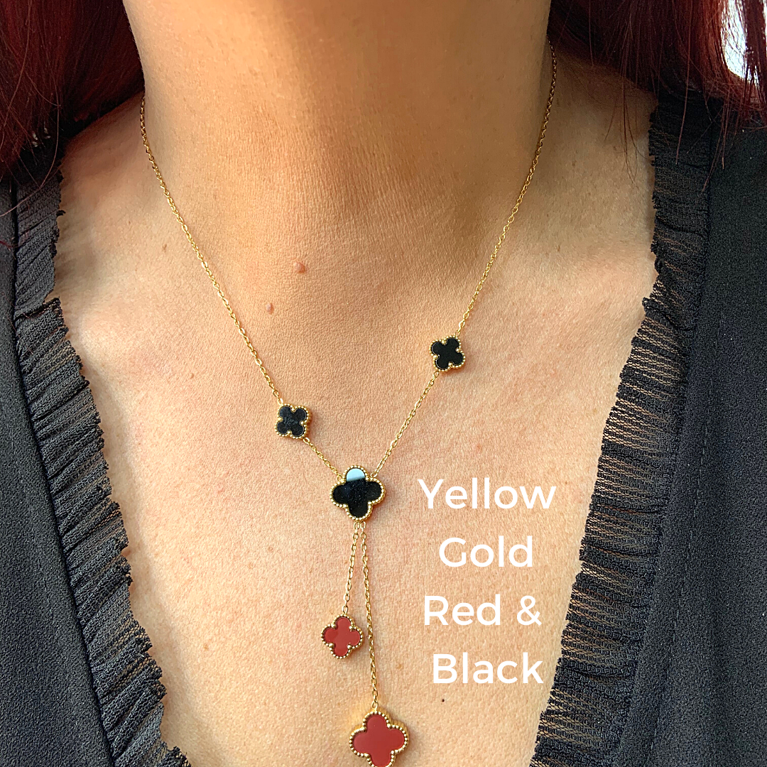 2 in 1 Red and Black Reversible Tassel Four Leaf Yellow Gold Clover Necklace - Ella Moore