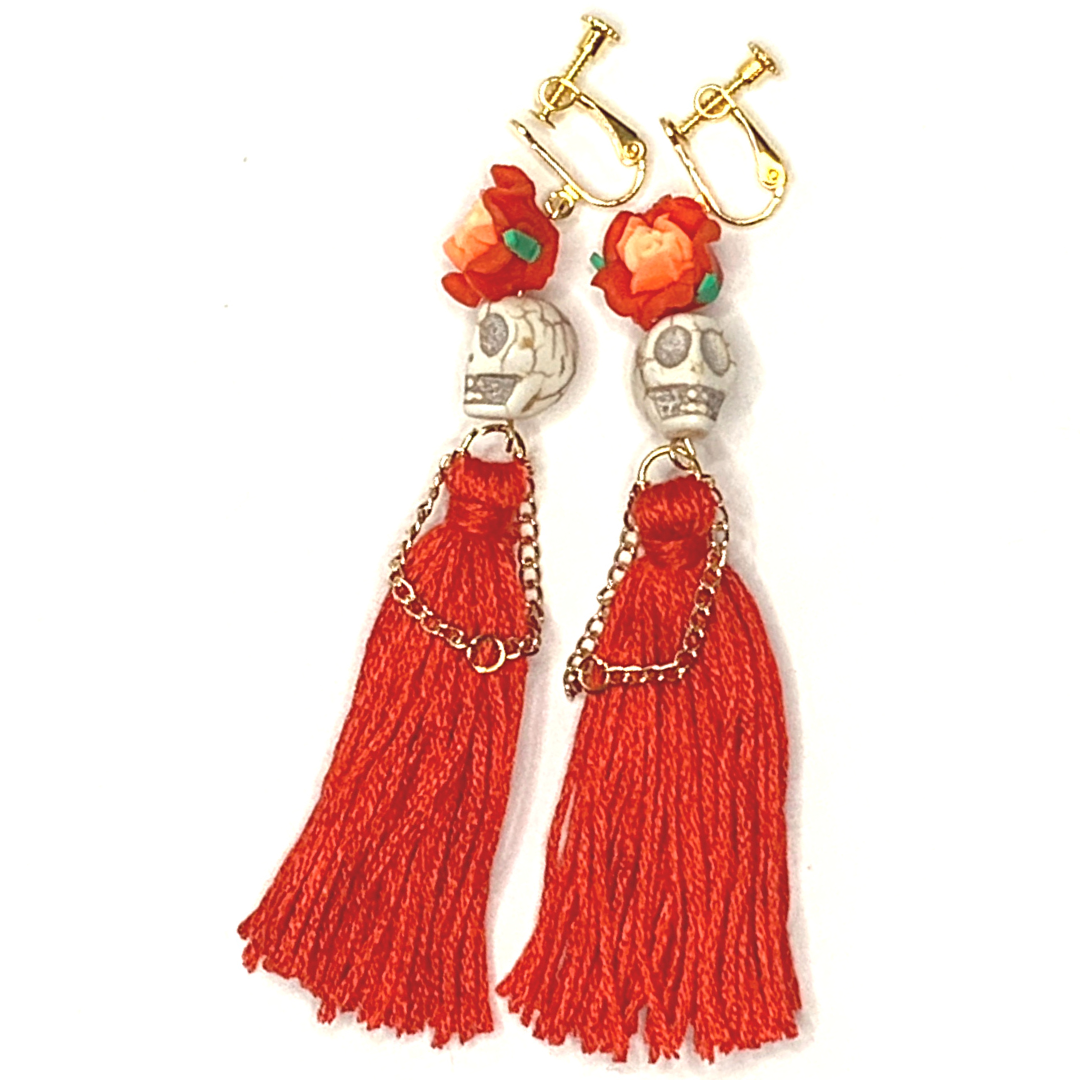 Red Flower Lady Handmade Tassel Skull Skeleton Clip On Earrings - Ella Moore