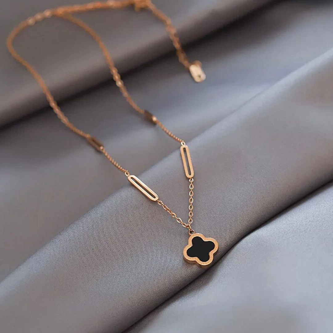 Black & Rose Gold-Toned Rose Gold-Plated Combo of Clover Necklace & Bracelet