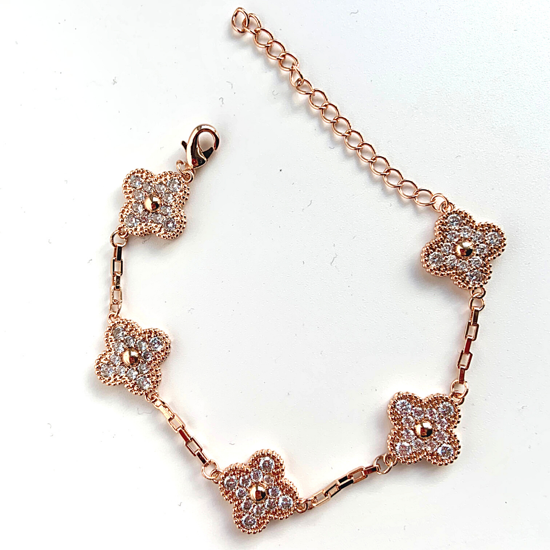 Rose Gold Delicate CZ Four Leaf Clover-Bracelet - Ella Moore