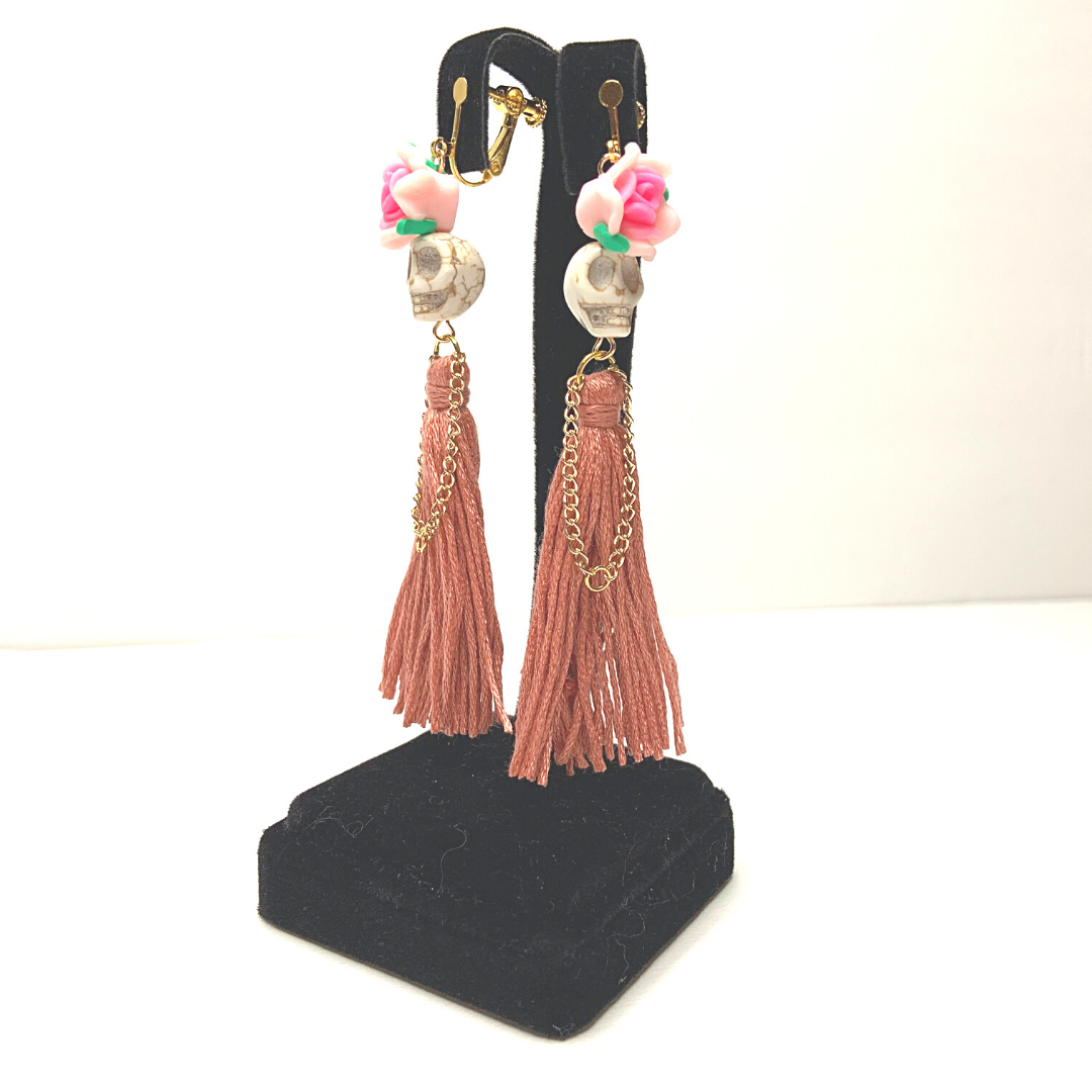 Rose Pink Flower Lady Handmade Tassel Skull Skeleton Clip On Earrings - Ella Moore