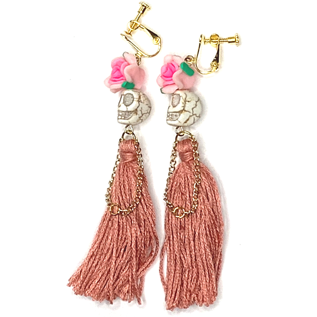 Rose Pink Flower Lady Handmade Tassel Skull Skeleton Clip On Earrings - Ella Moore