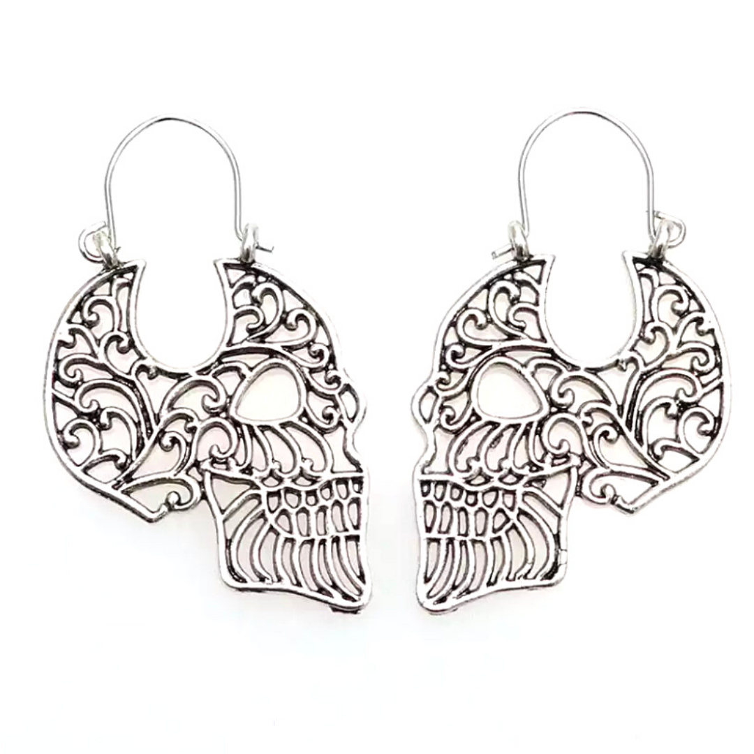 Silver Filigree Skull Hoop Earrings - Ella Moore