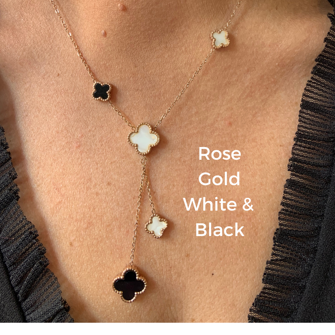 2 in 1 White and Black Reversible Tassel Four Leaf Rose Gold Clover Necklace - Ella Moore