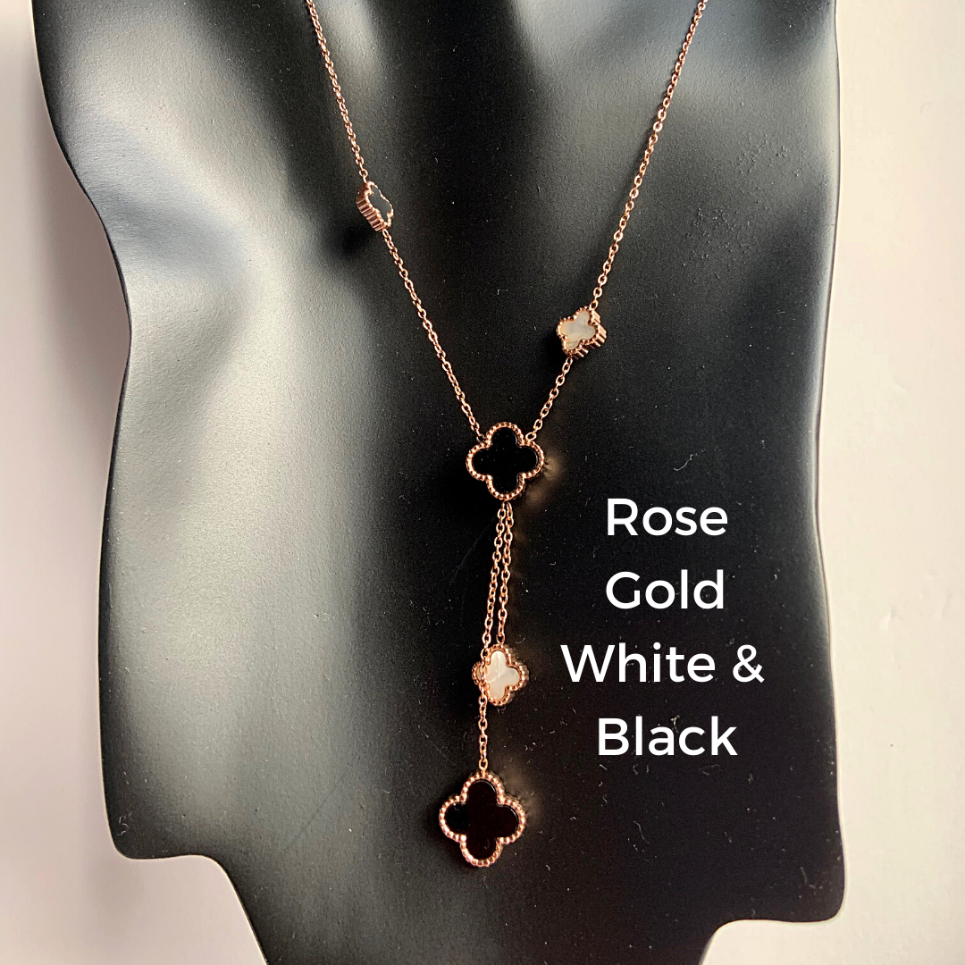 2 in 1 White and Black Reversible Tassel Four Leaf Rose Gold Clover Necklace - Ella Moore