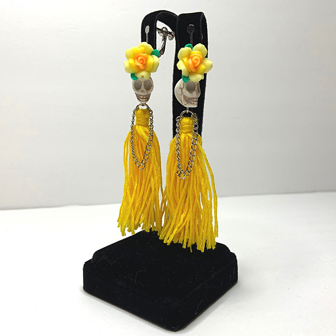 YellowFlower Lady Handmade Tassel Skull Skeleton Clip On Earrings - Ella Moore